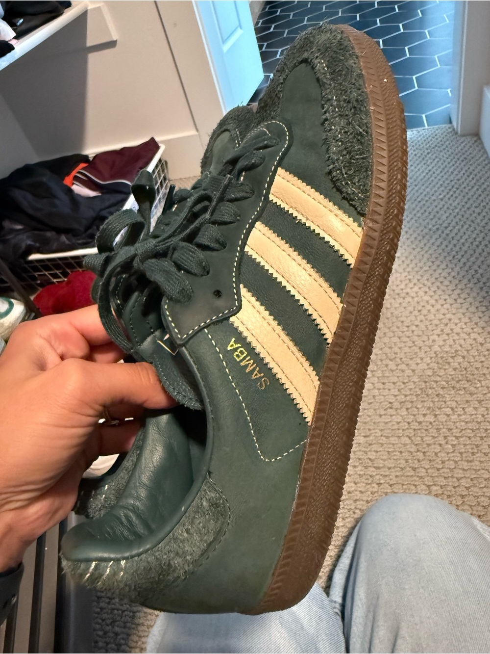 adidas Samba Leather Sneaker in Dark Green with Cream Stripes